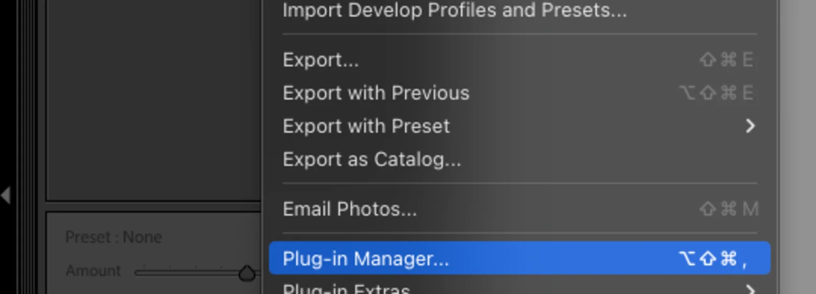 เมนู File ของ Lightroom Classic กำลังเลือก Plug-in Manager