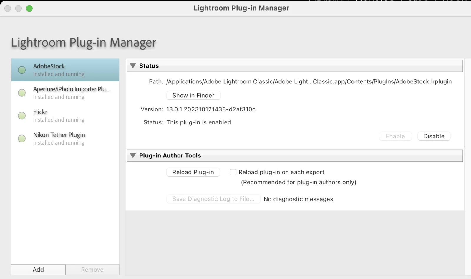 หน้าต่าง Lightroom Plug-in Manager แสดงปุ่ม Add ที่มุมล่างซ้าย