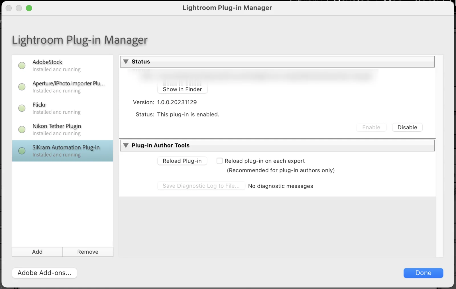 รายการปลั๊กอินแสดง SiKram Automation Plug-in สถานะ Installed and running